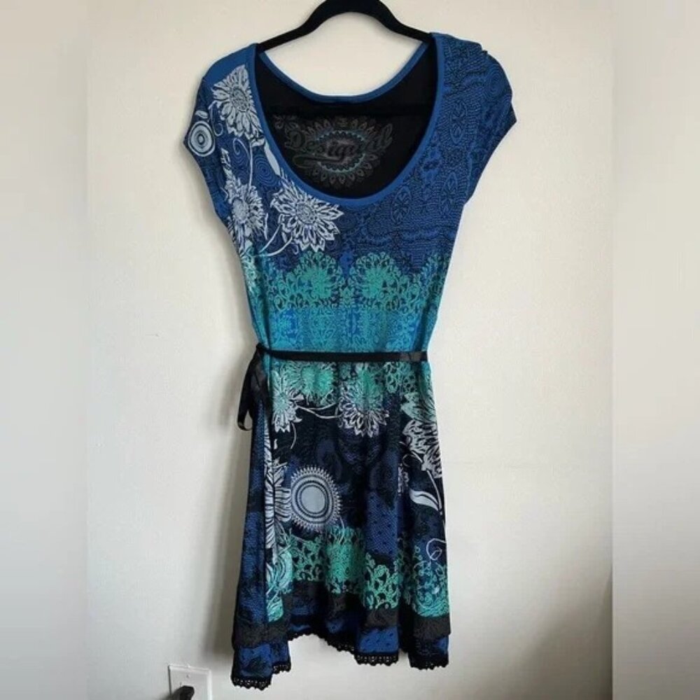 Desigual Myrcella 21V2217 Fit & Flare Ribbon Dress - Blue Boho Print - L Large